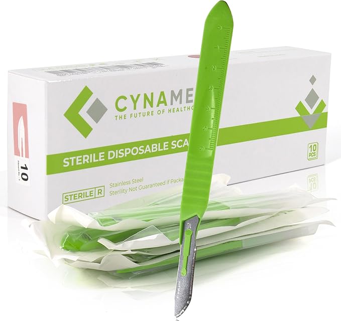 Cynamed Disposable Scalpel Blades| Sharp, Tempered Stainless-Steel Blades | Pack of 10 Sterile Scalpel Knives| Plastic Handle| Individual Pouches| for Dermaplaining, Podiatry, Crafts & More