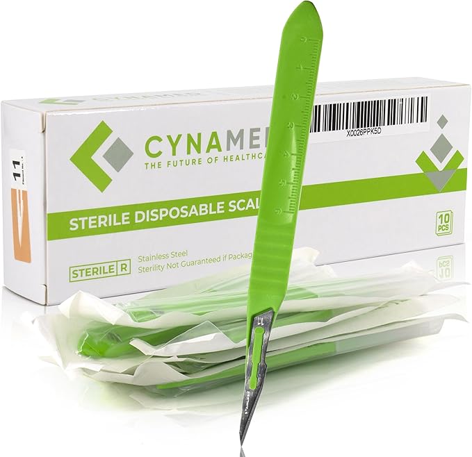 Cynamed Disposable Scalpel Blades| Sharp, Tempered Stainless-Steel Blades | Pack of 10 Sterile Scalpel Knives| Plastic Handle| Individual Pouches| for Dermaplaining, Podiatry, Crafts & More
