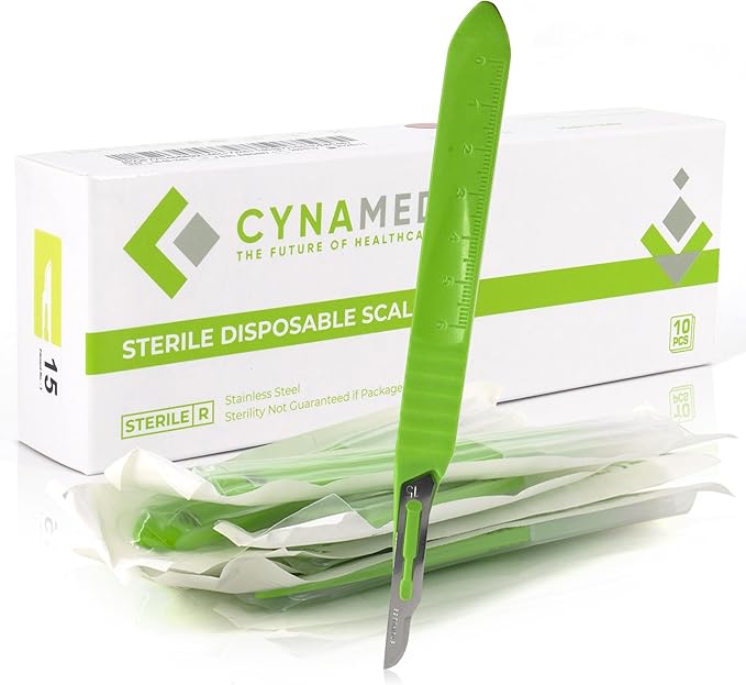 Cynamed Disposable Scalpel Blades| Sharp, Tempered Stainless-Steel Blades | Pack of 10 Sterile Scalpel Knives| Plastic Handle| Individual Pouches| for Dermaplaining, Podiatry, Crafts & More