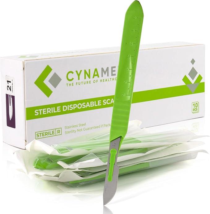 Cynamed Disposable Scalpel Blades| Sharp, Tempered Stainless-Steel Blades | Pack of 10 Sterile Scalpel Knives| Plastic Handle| Individual Pouches| for Dermaplaining, Podiatry, Crafts & More