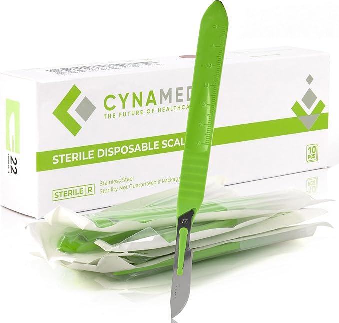 Cynamed Disposable Scalpel Blades| Sharp, Tempered Stainless-Steel Blades | Pack of 10 Sterile Scalpel Knives| Plastic Handle| Individual Pouches| for Dermaplaining, Podiatry, Crafts & More