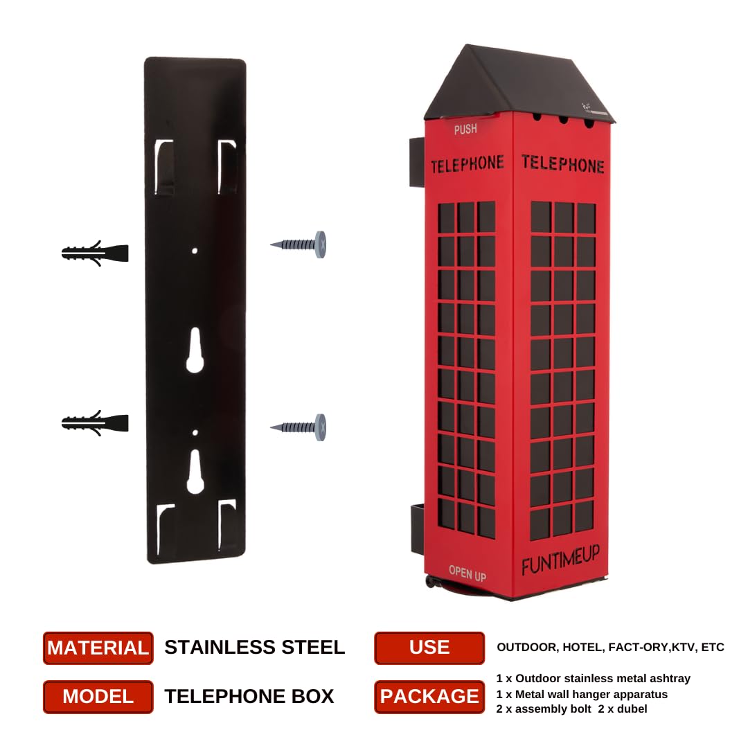 FUNTIMEUP Phone Box Stainless Steel Light Ashtray, Wall Mounted, red and Black, Wall Assembly Open Stainless Steel Cigarette Holder and Ashtray, Large, TLFBX010