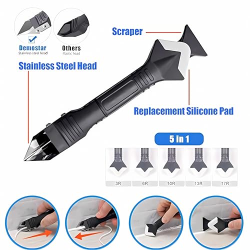 11Pcs Caulking Tools, 3 in 1 Silicone Caulking Finishing Tool Kit(Stainless Steelhead), Reuse and Replace 5 Silicone Pads, Sealant Caulk for Kitchen Bathroom Window, Sink Joint