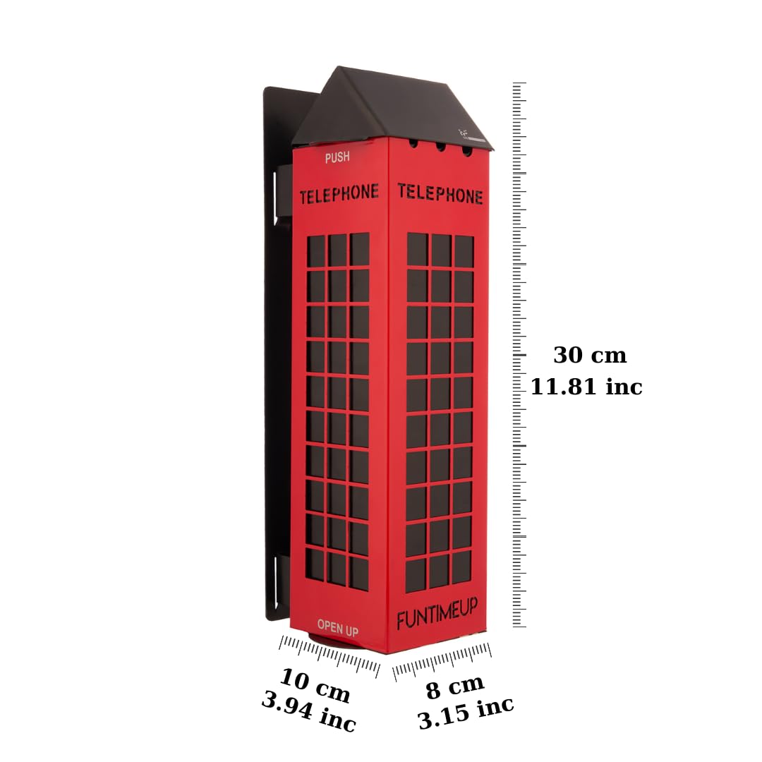 FUNTIMEUP Phone Box Stainless Steel Light Ashtray, Wall Mounted, red and Black, Wall Assembly Open Stainless Steel Cigarette Holder and Ashtray, Large, TLFBX010