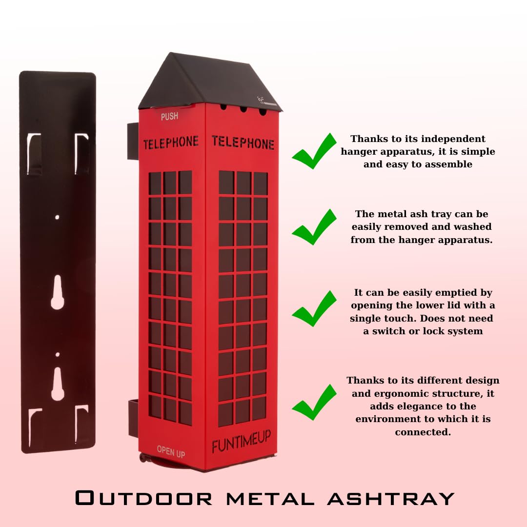 FUNTIMEUP Phone Box Stainless Steel Light Ashtray, Wall Mounted, red and Black, Wall Assembly Open Stainless Steel Cigarette Holder and Ashtray, Large, TLFBX010