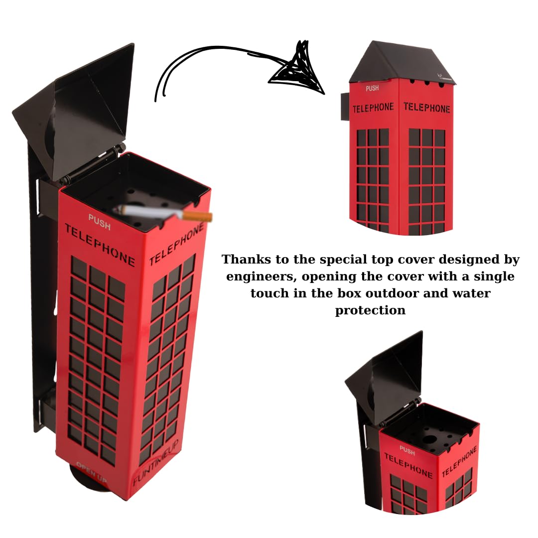 FUNTIMEUP Phone Box Stainless Steel Light Ashtray, Wall Mounted, red and Black, Wall Assembly Open Stainless Steel Cigarette Holder and Ashtray, Large, TLFBX010
