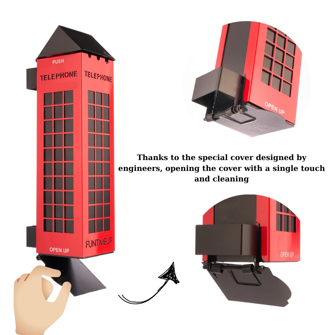 FUNTIMEUP Phone Box Stainless Steel Light Ashtray, Wall Mounted, red and Black, Wall Assembly Open Stainless Steel Cigarette Holder and Ashtray, Large, TLFBX010