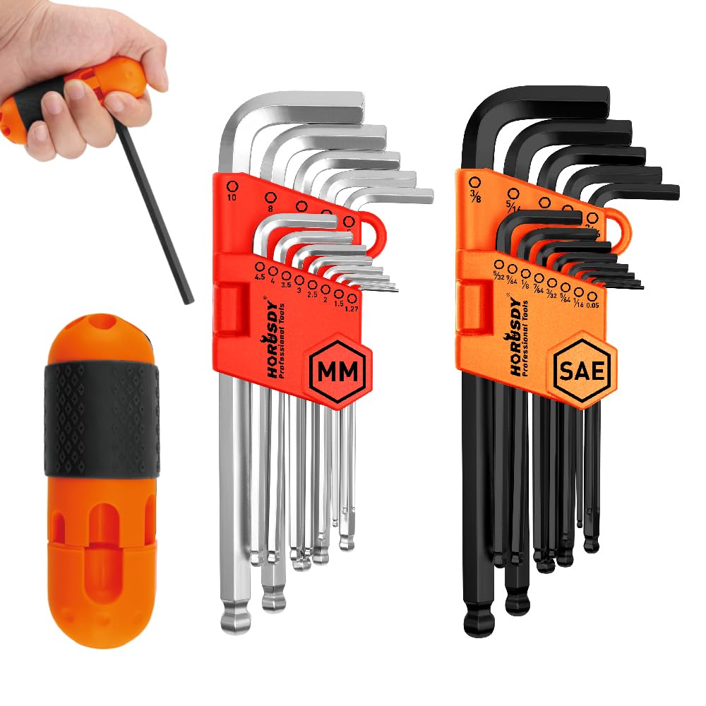 27PCS Durable Hex Key Allen Wrench Long Arm Set with Ball End, Metric and Standard Sizes Allen Key Set with Another T Handle, Heat-treated CR-V Steel