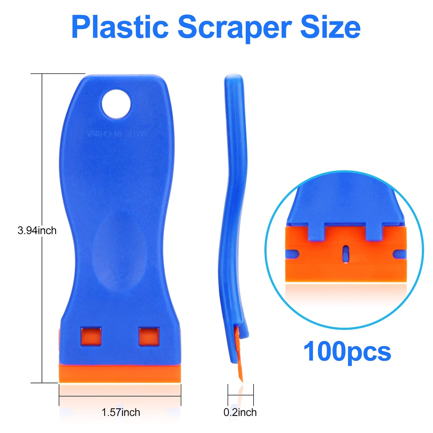 4 Pcs Plastic Razor Blade Scraper and 100 Pcs Blades, Remove Label Decal Tool, Forwithout Scratches Plastic Razor Blade Scraper, Adhesive Remover for Stickers, Gaskets and Paints on Window Car Glass