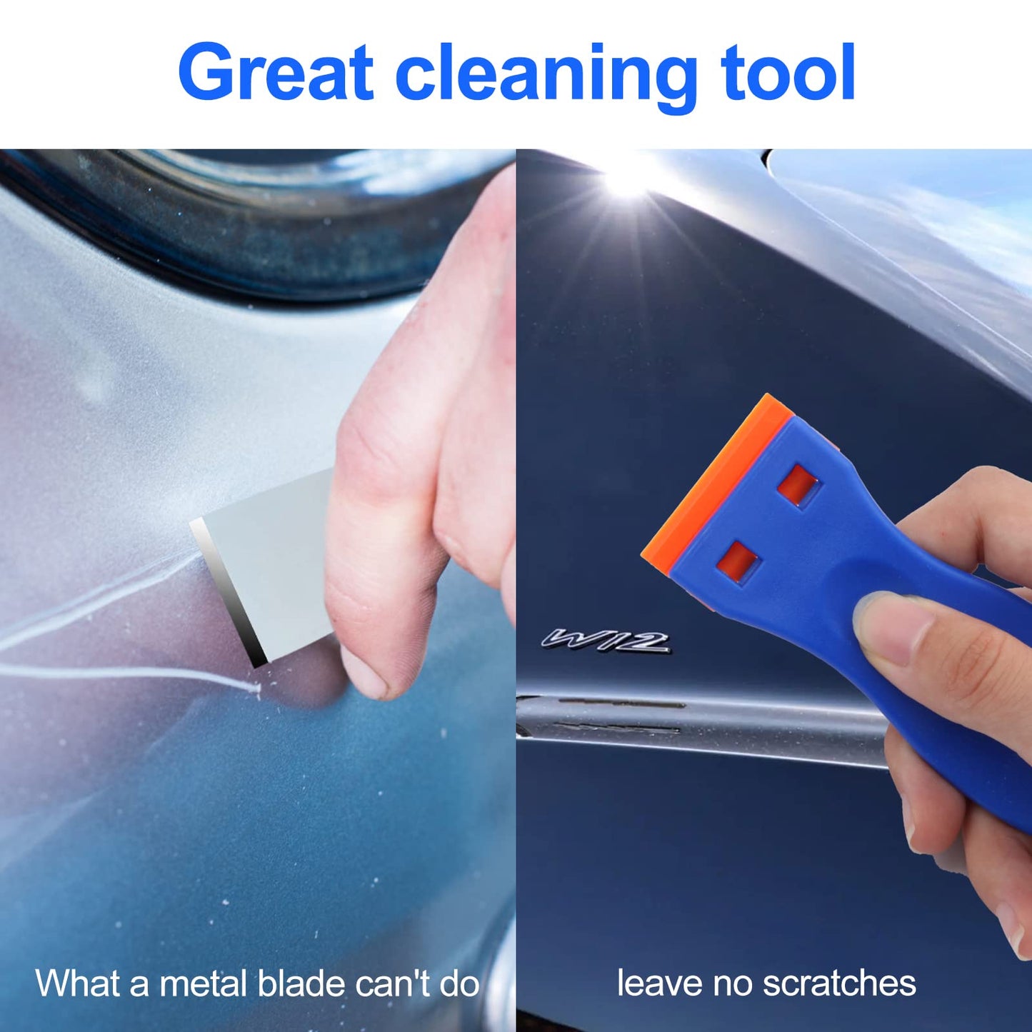 4 Pcs Plastic Razor Blade Scraper and 100 Pcs Blades, Remove Label Decal Tool, Forwithout Scratches Plastic Razor Blade Scraper, Adhesive Remover for Stickers, Gaskets and Paints on Window Car Glass