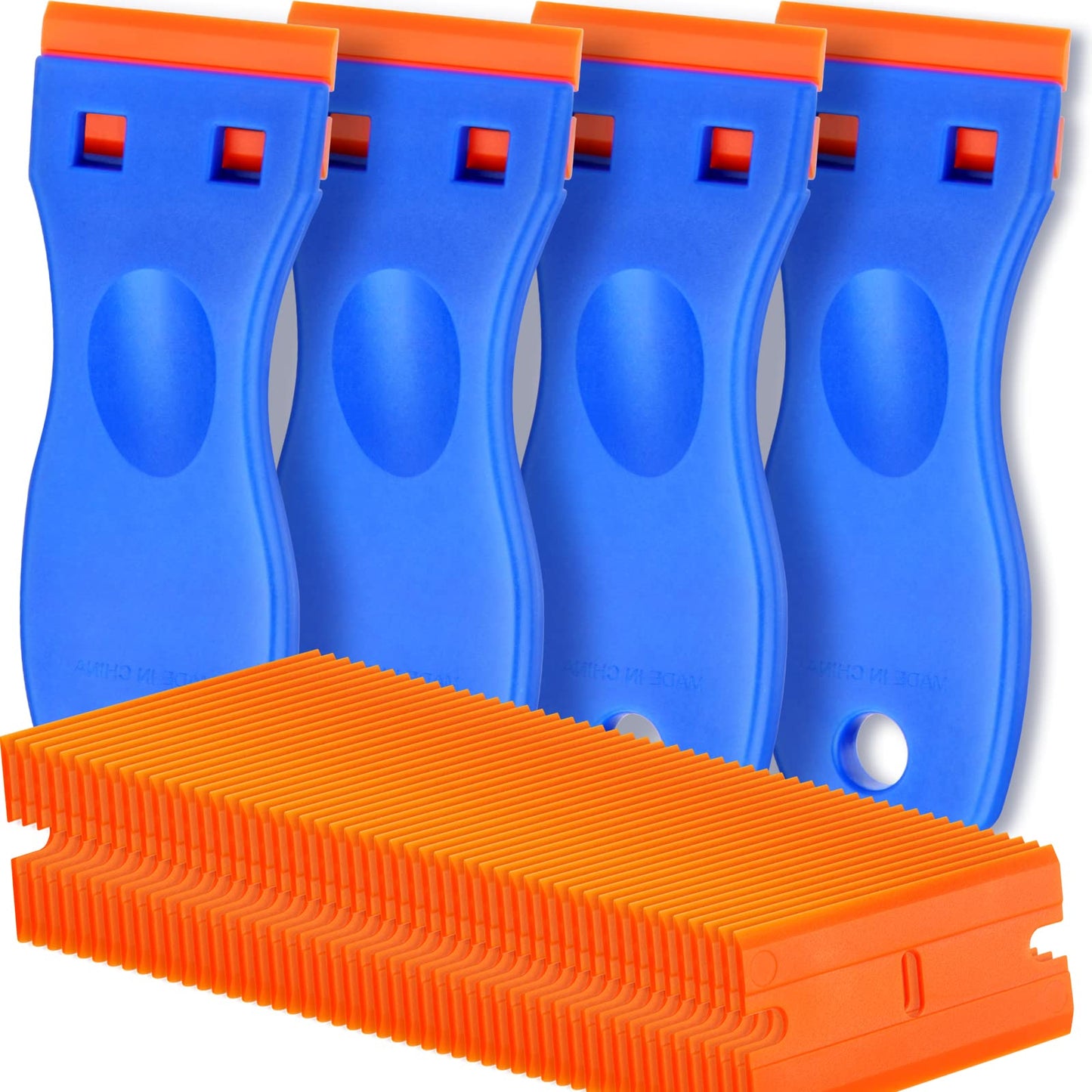 4 Pcs Plastic Razor Blade Scraper and 100 Pcs Blades, Remove Label Decal Tool, Forwithout Scratches Plastic Razor Blade Scraper, Adhesive Remover for Stickers, Gaskets and Paints on Window Car Glass