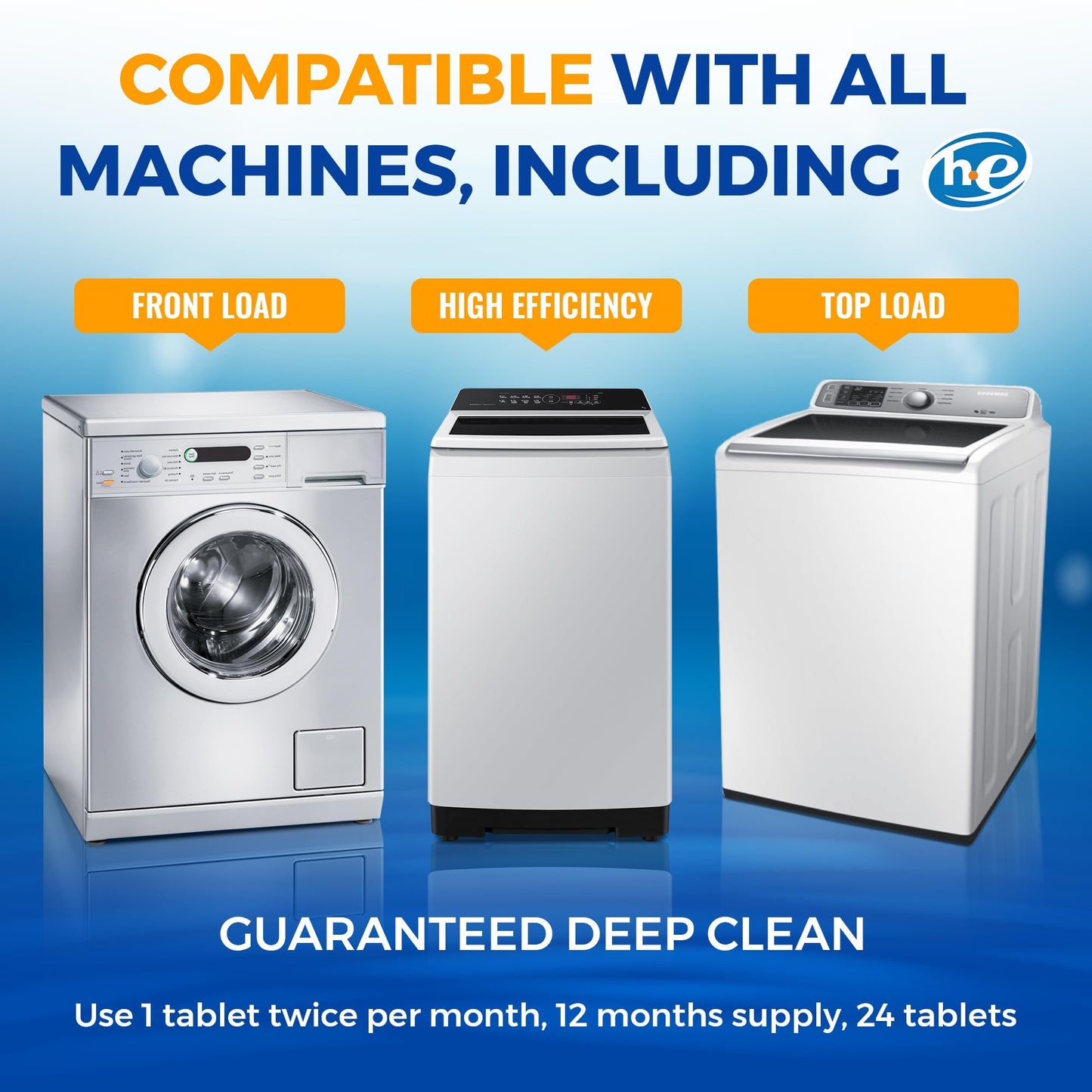 Washing Machine Cleaner Tablets 24 pack Powerful Descaler -Deep Cleaning for HE Front Loader & Top Load Washer Septic Safe Eco-Friendly Deodorizer Clean Drum & Laundry Tub Seal- Year's Supply