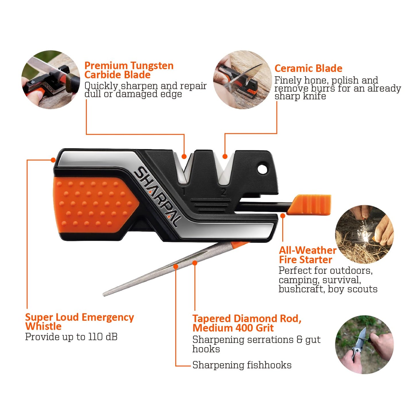 SHARPAL 101N 6-in-1 Pocket Knife Sharpener & Survival Tool – Diamond Sharpening Rod, Fire Starter Ferro Rod, Whistle – Sharpens Straight & Serrated Blades, Repairs & Hones Knives