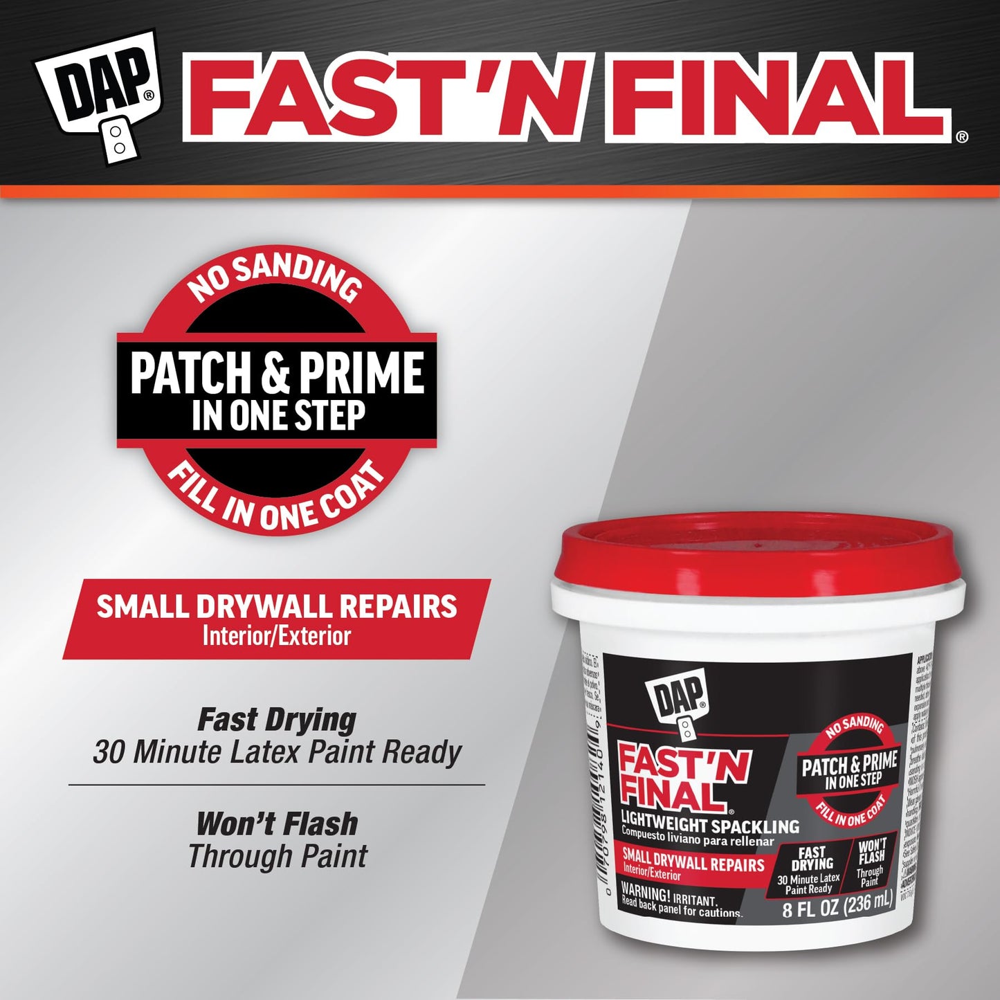 Dap 12140 Fast N Final Interior Exterior Spackle, 1/2-Pint,White, 8 Fl Oz (Pack of 1)