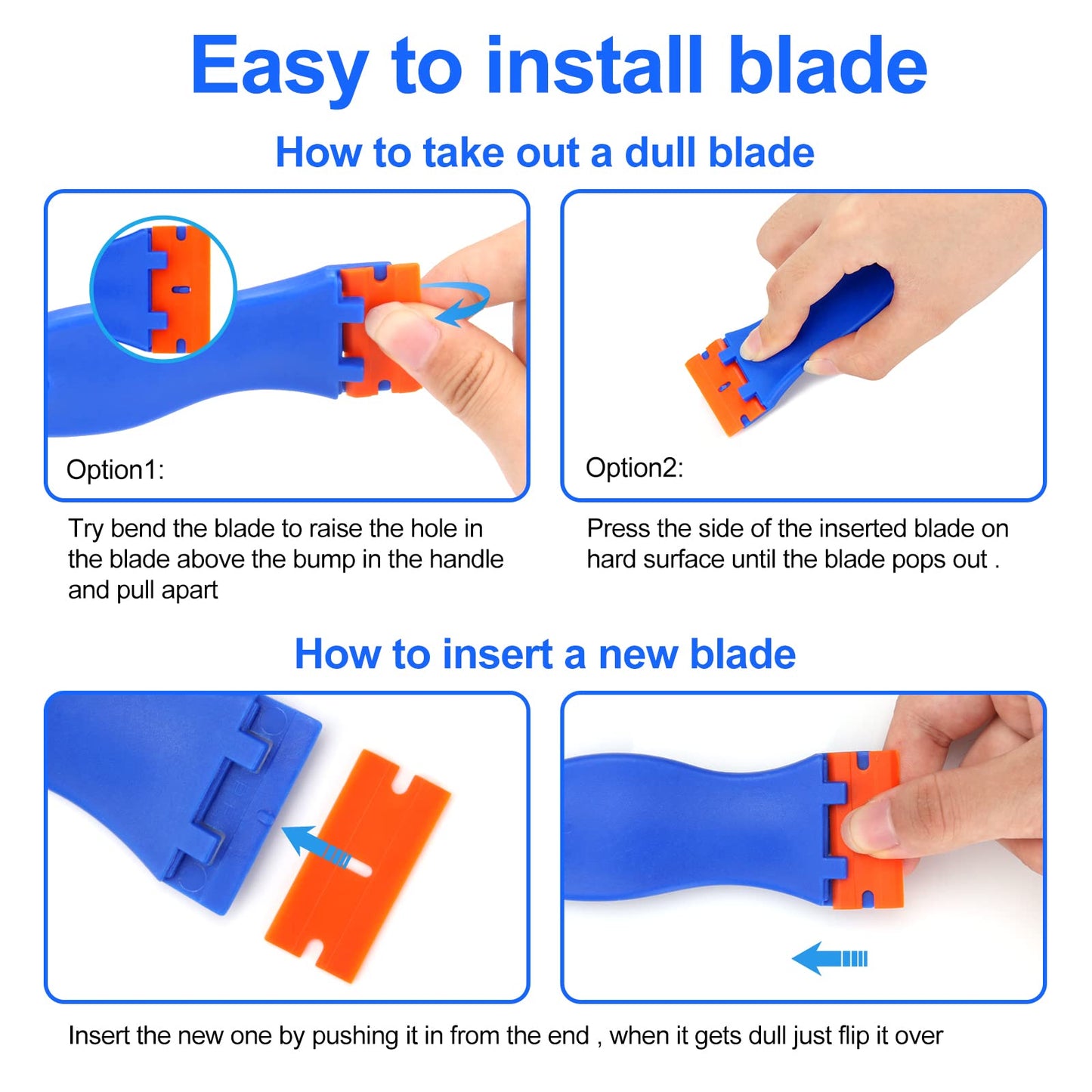 4 Pcs Plastic Razor Blade Scraper and 100 Pcs Blades, Remove Label Decal Tool, Forwithout Scratches Plastic Razor Blade Scraper, Adhesive Remover for Stickers, Gaskets and Paints on Window Car Glass
