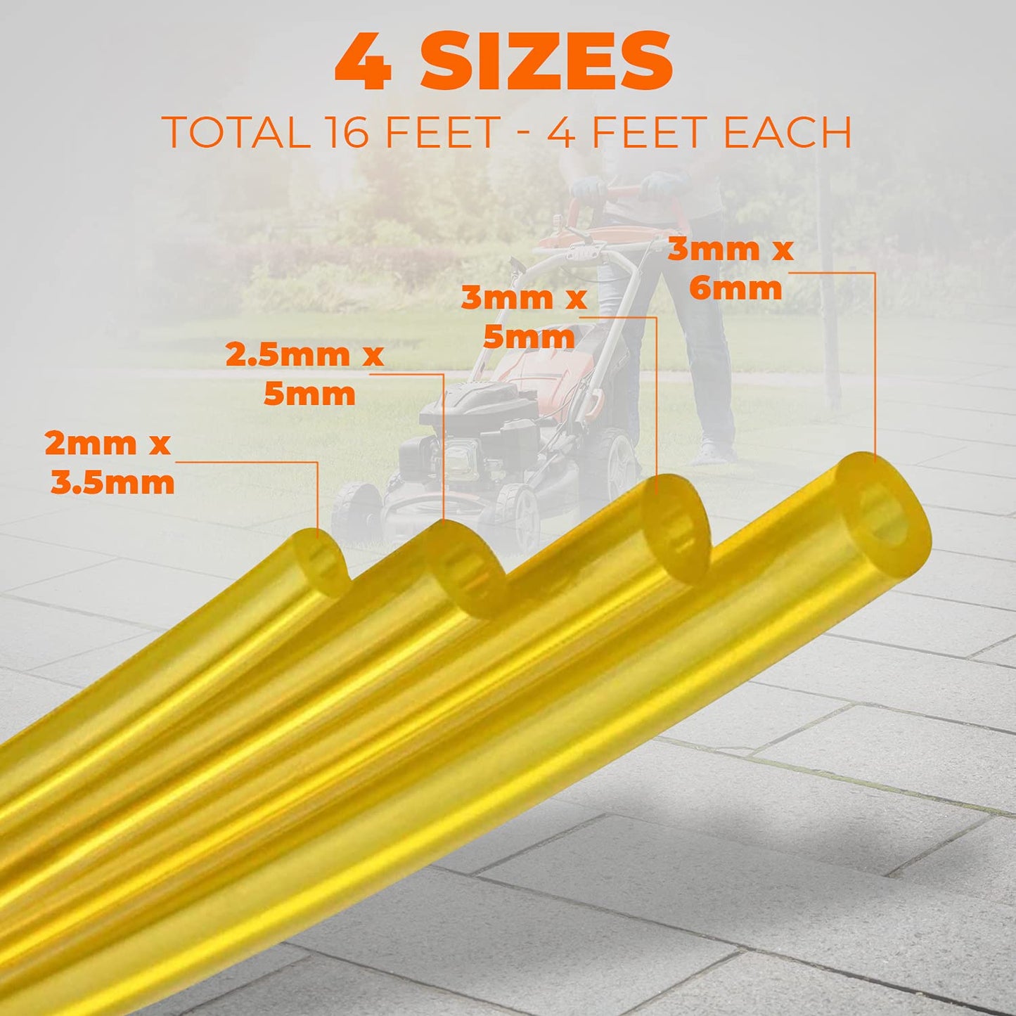 4 Sizes Petrol Fuel Gas Line Pipe Hose Tubing For String Trimmer Chainsaw Blower Lawn Mower and other Power Tools For 2 Cycle Small Engine Poulan, Craftman and more (Yellow 4PC)