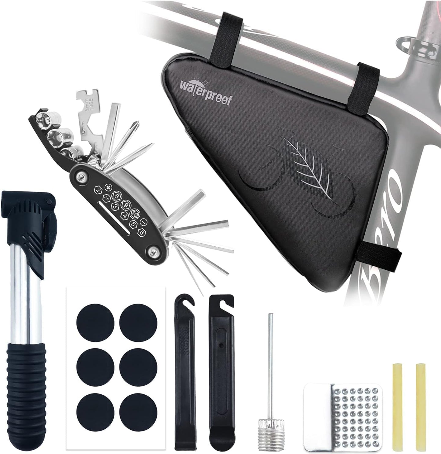 NDakter Bike Repair Kit for Flat Tire Repair, Bicycle Tool Kit Set with Pump Portable for Mountain Road Bike Emergency, Bike Bag with 16 in 1 Multitool and Lever Patch, Accessories for MTB Cycling