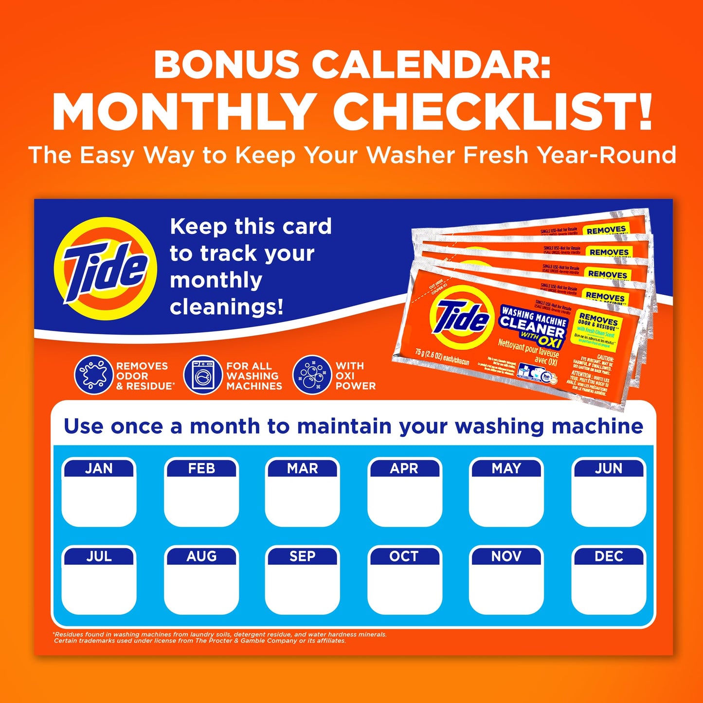 Tide Washing Machine Cleaner, Washer Machine Cleaner with Oxi for Front and Top Loader Washer Machines, Deep Cleaning Residue & Odor Eliminator, 10 Month Supply + Calendar
