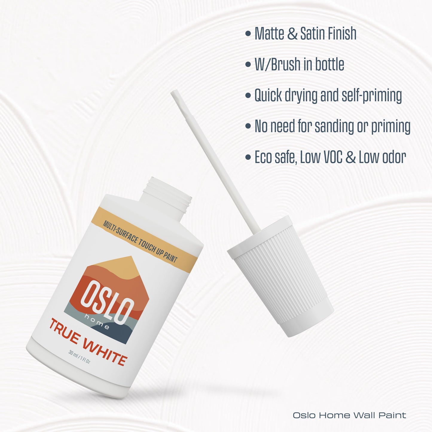 Oslo Home Touch Up Paint, True White, 1oz, Satin, w/brush in bottle, Quick drying, for Home repairs, Kitchen Cabinets, Furniture