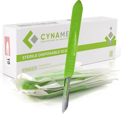 Cynamed Disposable Scalpel Blades| Sharp, Tempered Stainless-Steel Blades | Pack of 10 Sterile Scalpel Knives| Plastic Handle| Individual Pouches| for Dermaplaining, Podiatry, Crafts & More