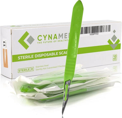 Cynamed Disposable Scalpel Blades| Sharp, Tempered Stainless-Steel Blades | Pack of 10 Sterile Scalpel Knives| Plastic Handle| Individual Pouches| for Dermaplaining, Podiatry, Crafts & More