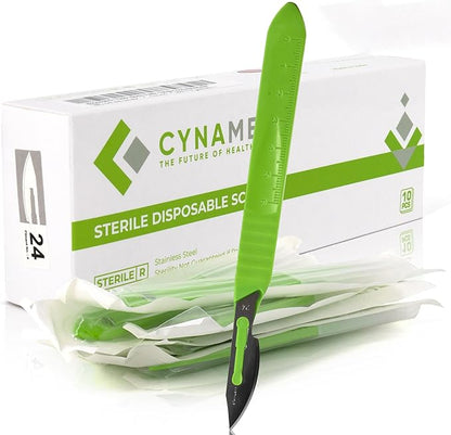 Cynamed Disposable Scalpel Blades| Sharp, Tempered Stainless-Steel Blades | Pack of 10 Sterile Scalpel Knives| Plastic Handle| Individual Pouches| for Dermaplaining, Podiatry, Crafts & More