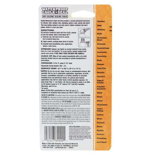 Gorilla 100% Silicone Caulk, Waterproof Sealant, 2.8oz Squeeze Tube (Pack of 2) – Clear -10 Year Mold Resistant Kitchen, Window, Bath, Marine, Door and More
