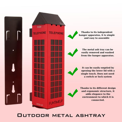 FUNTIMEUP Phone Box Stainless Steel Light Ashtray, Wall Mounted, red and Black, Wall Assembly Open Stainless Steel Cigarette Holder and Ashtray, Large, TLFBX010