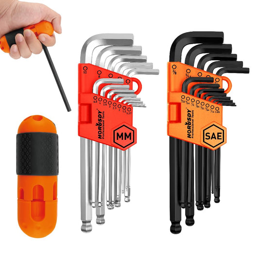 27PCS Durable Hex Key Allen Wrench Long Arm Set with Ball End, Metric and Standard Sizes Allen Key Set with Another T Handle, Heat-treated CR-V Steel