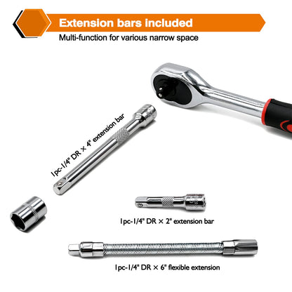 46 Pieces 1/4 inch Drive Socket Ratchet Wrench Set, with Bit Socket Set Metric and Extension Bar for Auto Repairing and Household, with Storage Case