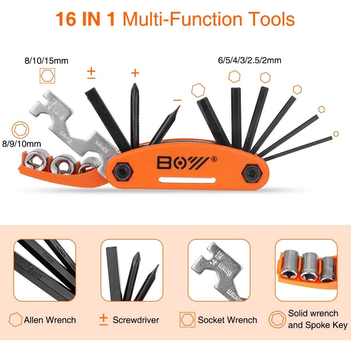 Bike Tool Kit Set, Portable Bike Repair Kit include 16 in 1 Multi Tool, 2 iron Tire Levers and 5 Pre-glued Patch Tire Patch, Metal Files, All in One Mini Tool Bag