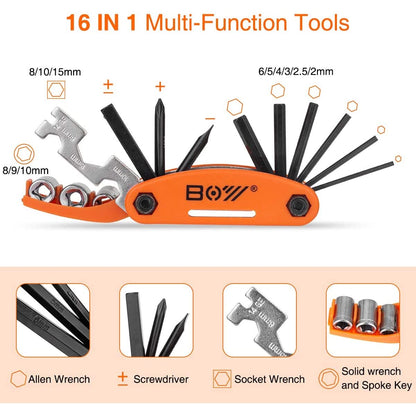 Bike Tool Kit Set, Portable Bike Repair Kit include 16 in 1 Multi Tool, 2 iron Tire Levers and 5 Pre-glued Patch Tire Patch, Metal Files, All in One Mini Tool Bag
