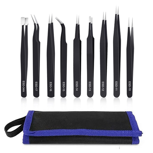 kaverme 9PCS Precision Tweezers Set, Upgraded Anti-Static Stainless Steel of Tweezers, for Electronics, Soldering, Laboratory Work, Jewelry-Making, Model, Craft