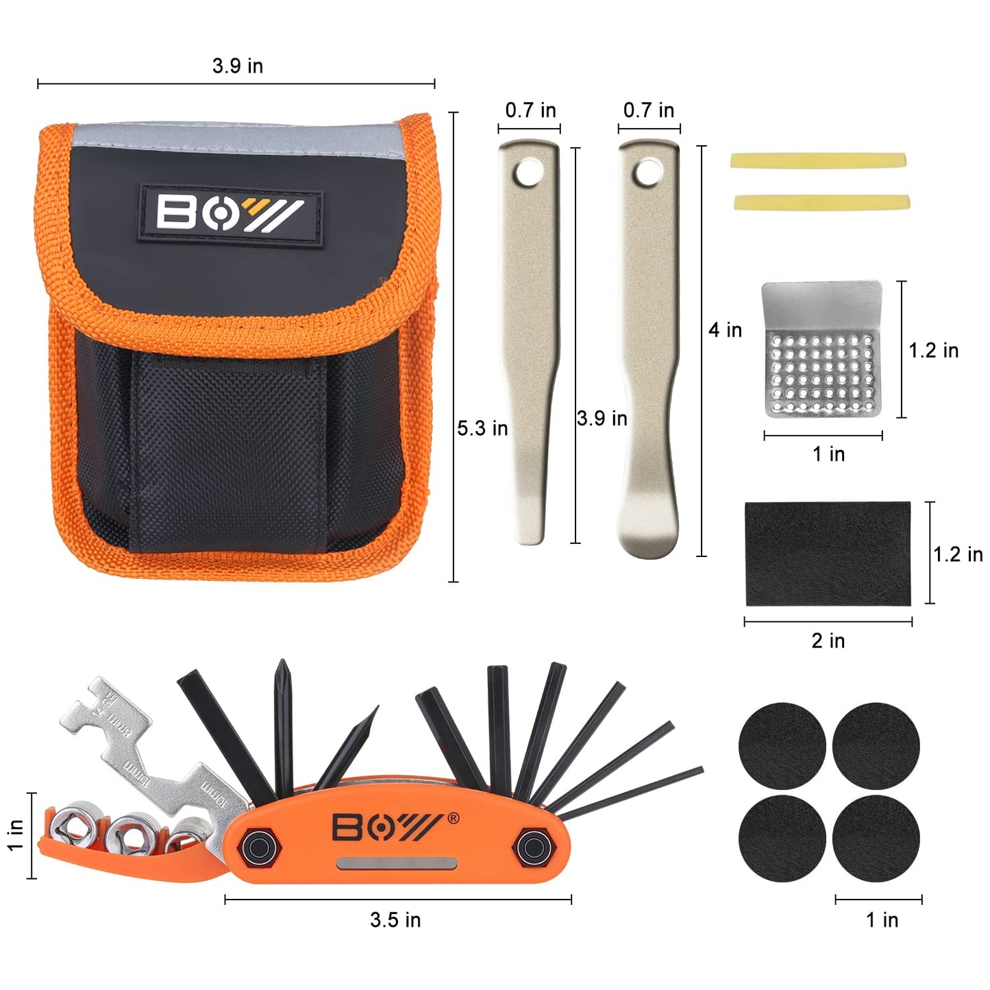 Bike Tool Kit Set, Portable Bike Repair Kit include 16 in 1 Multi Tool, 2 iron Tire Levers and 5 Pre-glued Patch Tire Patch, Metal Files, All in One Mini Tool Bag
