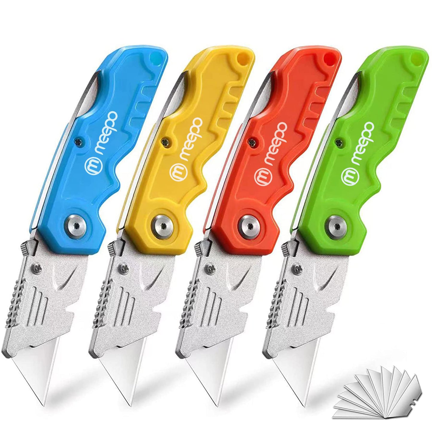 Box Cutter, 4-Pack Tough Folding Box Cutter for Heavy Duty Purpose, Razor Sharp Blade, Comfortable Handle, with Extra 10-Piece Blades, Can cut Drywall, Sheet Plastic, Linoleum, Boxes, Rope