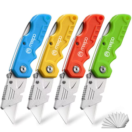 Box Cutter, 4-Pack Tough Folding Box Cutter for Heavy Duty Purpose, Razor Sharp Blade, Comfortable Handle, with Extra 10-Piece Blades, Can cut Drywall, Sheet Plastic, Linoleum, Boxes, Rope