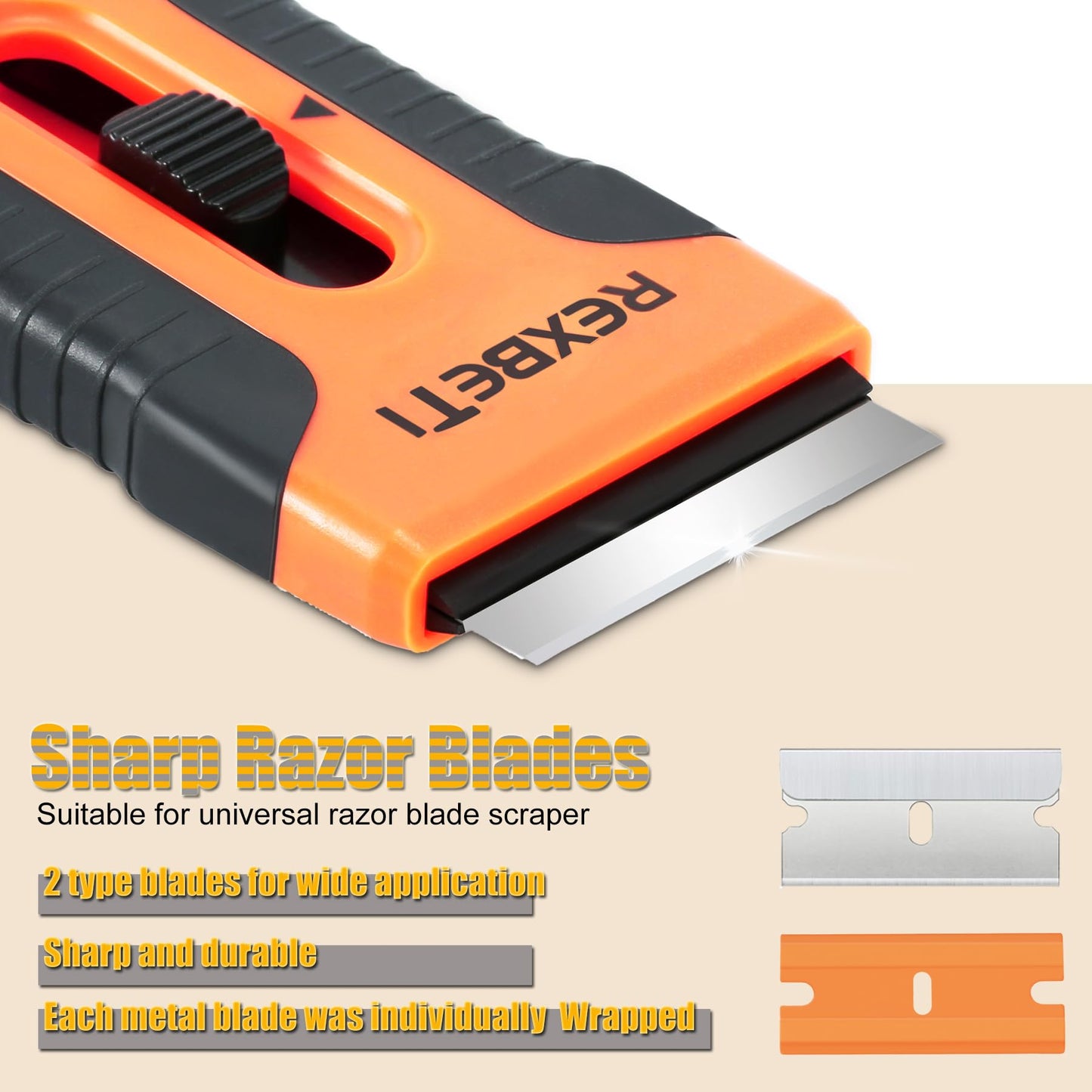 Razor Blade Scraper Tool, 2 Pack Razor Scraper Set with Extra 80Pcs Razor Blades -30Pcs Metal and 50Pcs Plastic Blades, Cleaning Scraper Tool, Cooktop, Paint, Glass Scraper