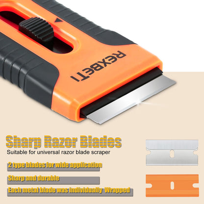 Razor Blade Scraper Tool, 2 Pack Razor Scraper Set with Extra 80Pcs Razor Blades -30Pcs Metal and 50Pcs Plastic Blades, Cleaning Scraper Tool, Cooktop, Paint, Glass Scraper