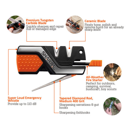 SHARPAL 101N 6-in-1 Pocket Knife Sharpener & Survival Tool – Diamond Sharpening Rod, Fire Starter Ferro Rod, Whistle – Sharpens Straight & Serrated Blades, Repairs & Hones Knives
