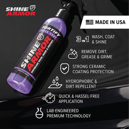 Car Wax Spray and Ceramic Coating for Cars - 3 in One Waterless Car Wash and Detailing for Maximum Shine - High Gloss Top Coat, Protective Auto Wax - 16FlOz by Shine Armor