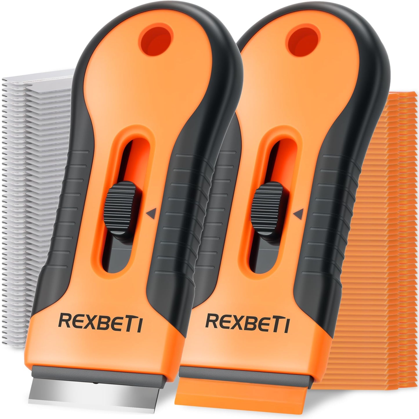 Razor Blade Scraper Tool, 2 Pack Razor Scraper Set with Extra 80Pcs Razor Blades -30Pcs Metal and 50Pcs Plastic Blades, Cleaning Scraper Tool, Cooktop, Paint, Glass Scraper