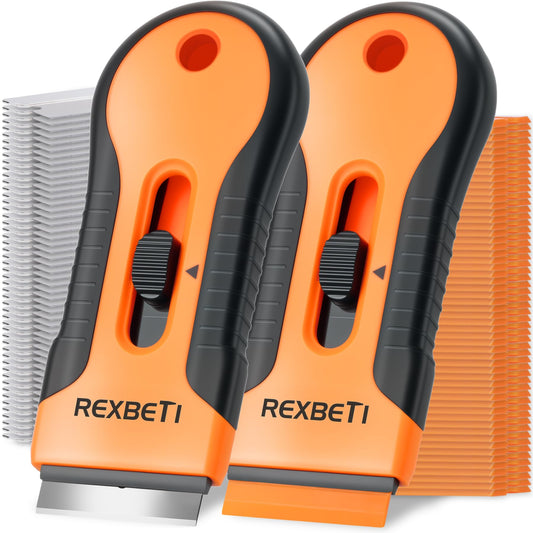 Razor Blade Scraper Tool, 2 Pack Razor Scraper Set with Extra 80Pcs Razor Blades -30Pcs Metal and 50Pcs Plastic Blades, Cleaning Scraper Tool, Cooktop, Paint, Glass Scraper