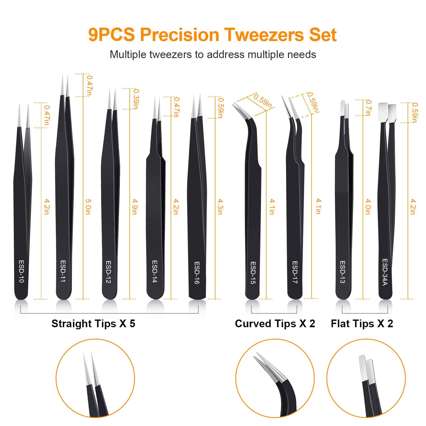 kaverme 9PCS Precision Tweezers Set, Upgraded Anti-Static Stainless Steel of Tweezers, for Electronics, Soldering, Laboratory Work, Jewelry-Making, Model, Craft