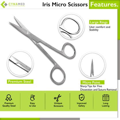 Cynamed Iris Micro Dissecting Precision Lab Scissors, Fine Point Straight - Perfect for Doctors, Nurses, EMS, Students, Education