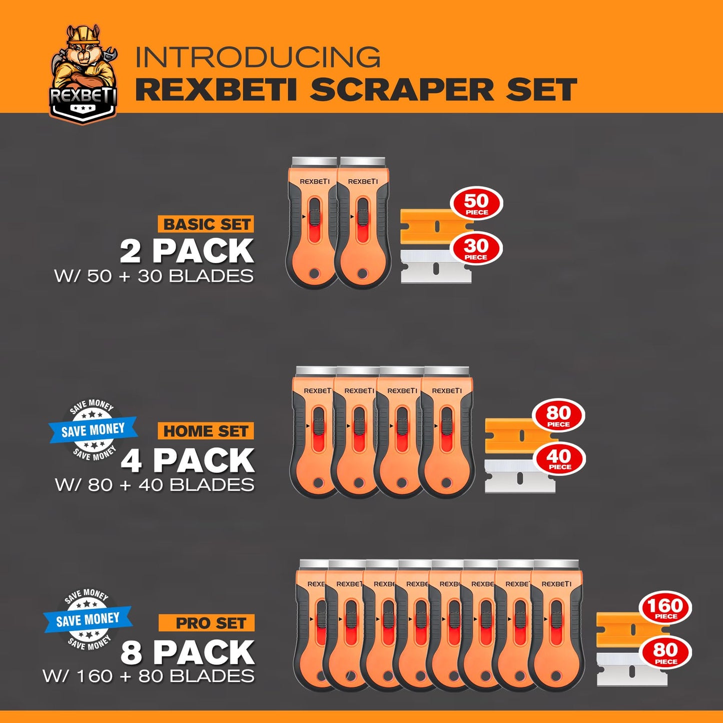 Razor Blade Scraper Tool, 2 Pack Razor Scraper Set with Extra 80Pcs Razor Blades -30Pcs Metal and 50Pcs Plastic Blades, Cleaning Scraper Tool, Cooktop, Paint, Glass Scraper