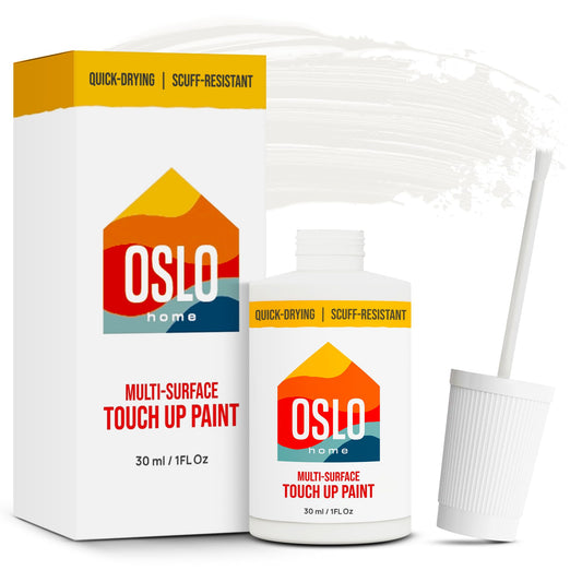 Oslo Home Touch Up Paint, True White, 1oz, Satin, w/brush in bottle, Quick drying, for Home repairs, Kitchen Cabinets, Furniture
