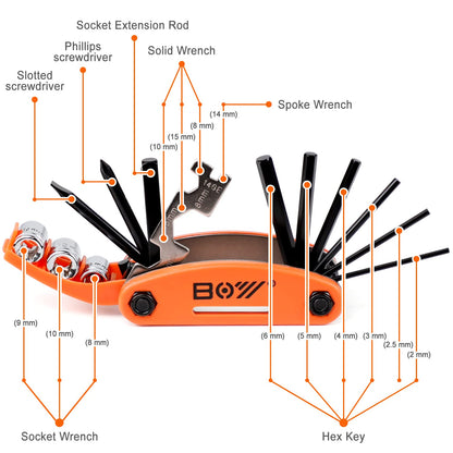 Bike Tool Kit Set, Portable Bike Repair Kit include 16 in 1 Multi Tool, 2 iron Tire Levers and 5 Pre-glued Patch Tire Patch, Metal Files, All in One Mini Tool Bag