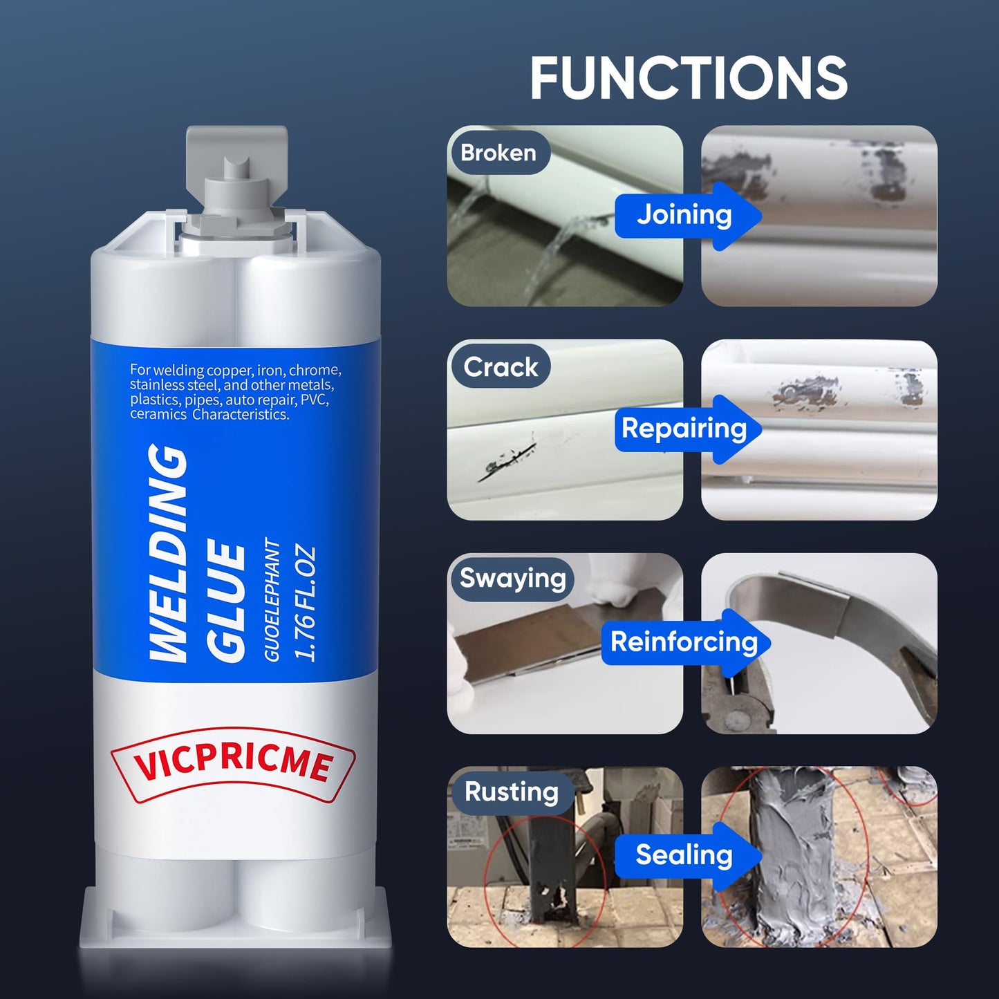 Metal Glue, 1.76 oz Heavy Duty Weld Waterproof Epoxy Casting Adhesive, The Strongest Welding and Liquid Filler for Metals, Plastics, Stainless Steel,Cement, Ceramics,Wide Range of Materials at Once!