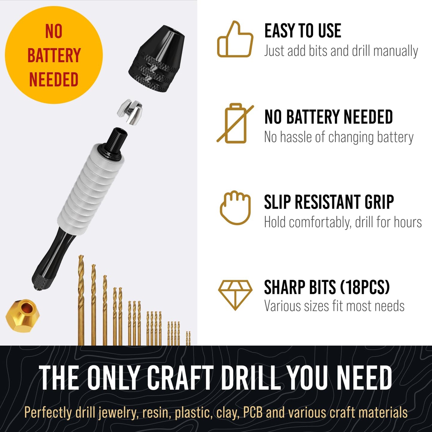 CRAFT911 Pin Vise Hand Drill Manual - Jewelry w/Micro Drill Bits (0.8mm-2.5mm) - Rotary Craft Drill for Jewelry Making, Resin, Wood, Plastic, Miniature, Beads, Clay Etc