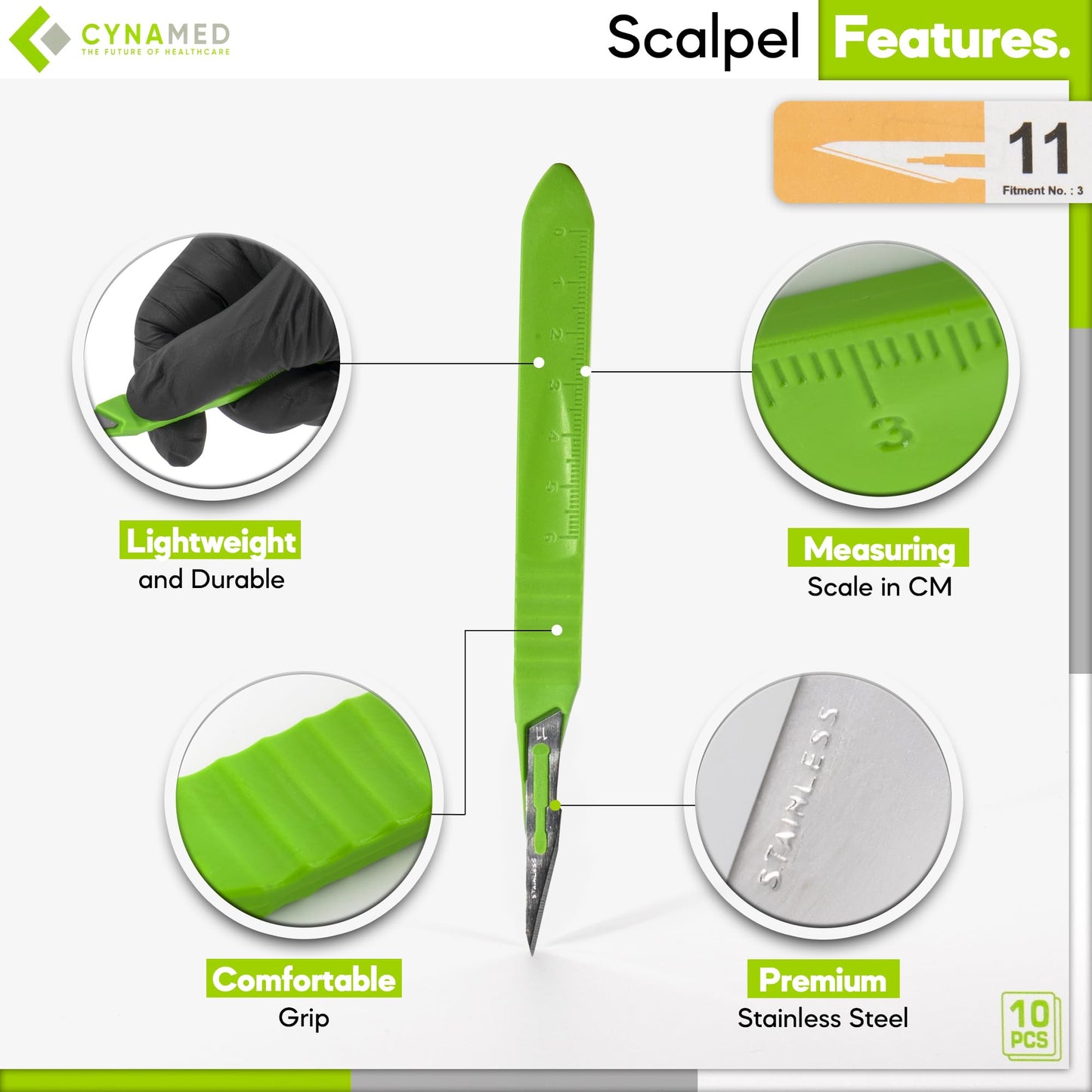Cynamed Disposable Scalpel Blades| Sharp, Tempered Stainless-Steel Blades | Pack of 10 Sterile Scalpel Knives| Plastic Handle| Individual Pouches| for Dermaplaining, Podiatry, Crafts & More